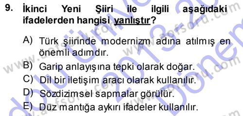 Cumhuriyet Dönemi Türk Şiiri Dersi 2013 - 2014 Yılı (Final) Dönem Sonu Sınav Soruları 9. Soru