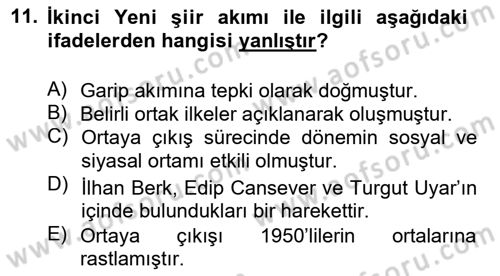 Cumhuriyet Dönemi Türk Şiiri Dersi 2013 - 2014 Yılı Tek Ders Sınav Soruları 11. Soru