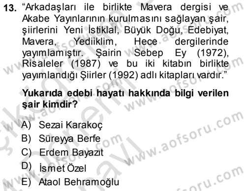 Cumhuriyet Dönemi Türk Şiiri Dersi 2013 - 2014 Yılı Tek Ders Sınav Soruları 13. Soru