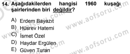 Cumhuriyet Dönemi Türk Şiiri Dersi 2013 - 2014 Yılı Tek Ders Sınav Soruları 14. Soru