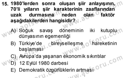 Cumhuriyet Dönemi Türk Şiiri Dersi 2013 - 2014 Yılı Tek Ders Sınav Soruları 15. Soru