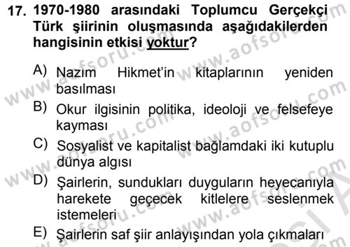 Cumhuriyet Dönemi Türk Şiiri Dersi 2013 - 2014 Yılı Tek Ders Sınav Soruları 17. Soru