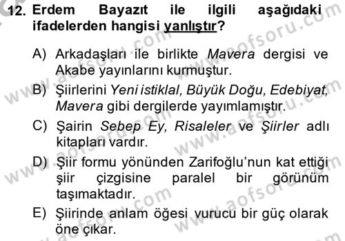 Cumhuriyet Dönemi Türk Şiiri Dersi 2014 - 2015 Yılı (Final) Dönem Sonu Sınav Soruları 12. Soru