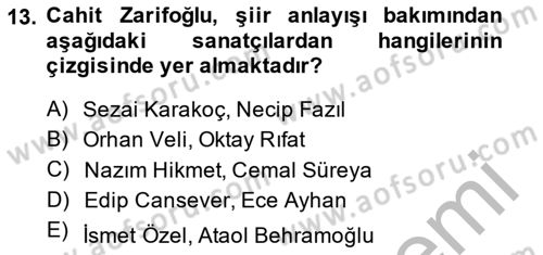 Cumhuriyet Dönemi Türk Şiiri Dersi 2014 - 2015 Yılı (Final) Dönem Sonu Sınav Soruları 13. Soru