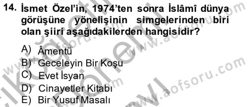 Cumhuriyet Dönemi Türk Şiiri Dersi 2014 - 2015 Yılı (Final) Dönem Sonu Sınav Soruları 14. Soru
