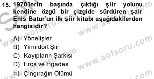 Cumhuriyet Dönemi Türk Şiiri Dersi 2014 - 2015 Yılı (Final) Dönem Sonu Sınav Soruları 15. Soru