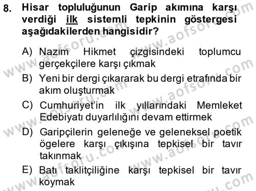Cumhuriyet Dönemi Türk Şiiri Dersi 2014 - 2015 Yılı (Final) Dönem Sonu Sınav Soruları 8. Soru
