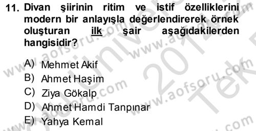 Cumhuriyet Dönemi Türk Şiiri Dersi 2014 - 2015 Yılı Tek Ders Sınav Soruları 11. Soru