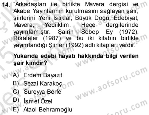 Cumhuriyet Dönemi Türk Şiiri Dersi 2014 - 2015 Yılı Tek Ders Sınav Soruları 14. Soru