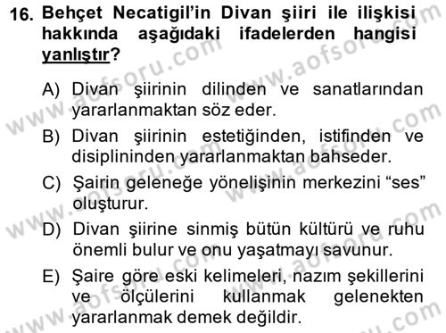 Cumhuriyet Dönemi Türk Şiiri Dersi 2014 - 2015 Yılı Tek Ders Sınav Soruları 16. Soru
