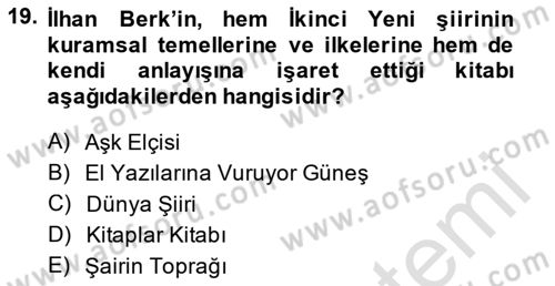 Cumhuriyet Dönemi Türk Şiiri Dersi 2014 - 2015 Yılı Tek Ders Sınav Soruları 19. Soru