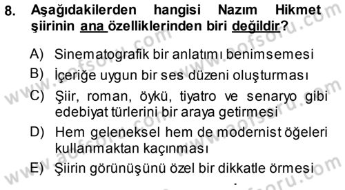 Cumhuriyet Dönemi Türk Şiiri Dersi 2014 - 2015 Yılı Tek Ders Sınav Soruları 8. Soru