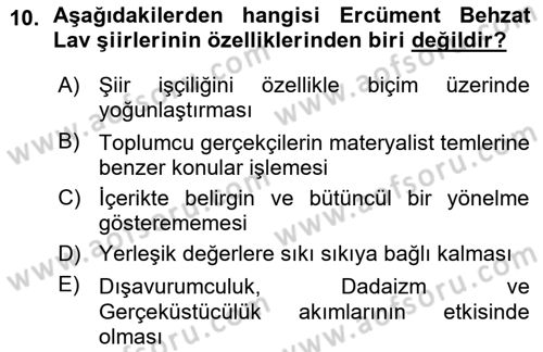 Cumhuriyet Dönemi Türk Şiiri Dersi Ara Sınavı Deneme Sınav Soruları 10. Soru