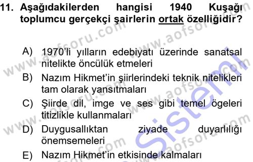 Cumhuriyet Dönemi Türk Şiiri Dersi Ara Sınavı Deneme Sınav Soruları 11. Soru