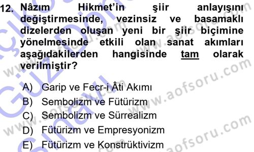 Cumhuriyet Dönemi Türk Şiiri Dersi Ara Sınavı Deneme Sınav Soruları 12. Soru