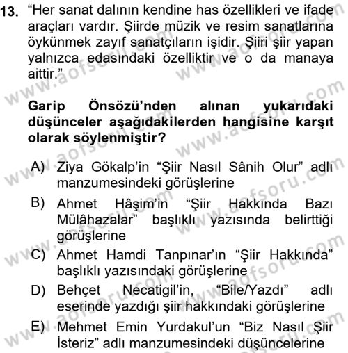 Cumhuriyet Dönemi Türk Şiiri Dersi 2015 - 2016 Yılı (Vize) Ara Sınav Soruları 13. Soru