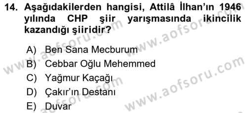 Cumhuriyet Dönemi Türk Şiiri Dersi 2015 - 2016 Yılı (Vize) Ara Sınav Soruları 14. Soru
