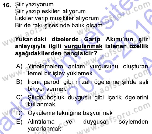 Cumhuriyet Dönemi Türk Şiiri Dersi Ara Sınavı Deneme Sınav Soruları 16. Soru