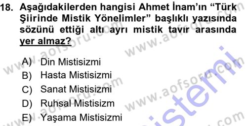 Cumhuriyet Dönemi Türk Şiiri Dersi Ara Sınavı Deneme Sınav Soruları 18. Soru