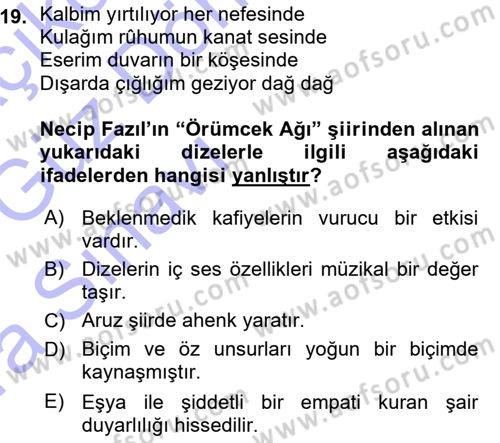 Cumhuriyet Dönemi Türk Şiiri Dersi Ara Sınavı Deneme Sınav Soruları 19. Soru