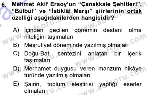 Cumhuriyet Dönemi Türk Şiiri Dersi 2015 - 2016 Yılı (Vize) Ara Sınav Soruları 6. Soru