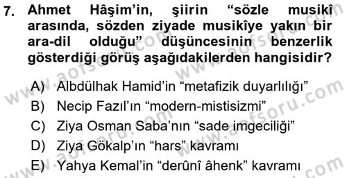 Cumhuriyet Dönemi Türk Şiiri Dersi 2015 - 2016 Yılı (Vize) Ara Sınav Soruları 7. Soru