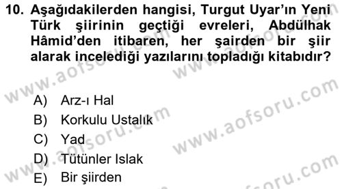 Cumhuriyet Dönemi Türk Şiiri Dersi 2015 - 2016 Yılı (Final) Dönem Sonu Sınav Soruları 10. Soru