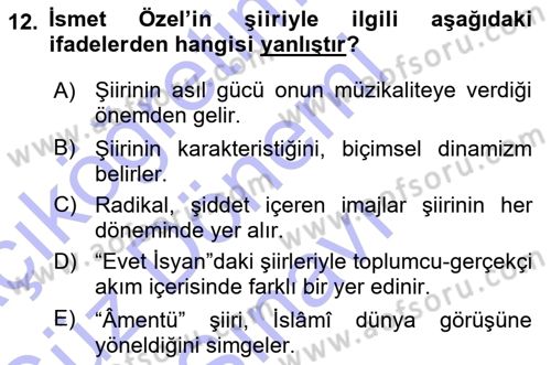 Cumhuriyet Dönemi Türk Şiiri Dersi 2015 - 2016 Yılı (Final) Dönem Sonu Sınav Soruları 12. Soru