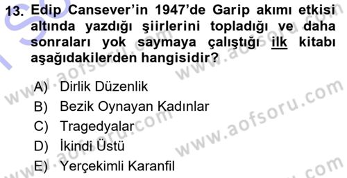 Cumhuriyet Dönemi Türk Şiiri Dersi 2015 - 2016 Yılı (Final) Dönem Sonu Sınav Soruları 13. Soru