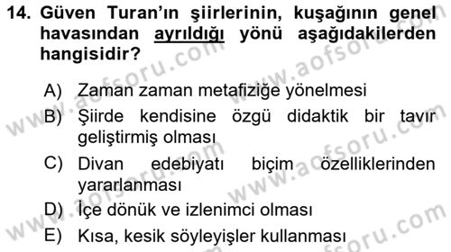 Cumhuriyet Dönemi Türk Şiiri Dersi 2015 - 2016 Yılı (Final) Dönem Sonu Sınav Soruları 14. Soru