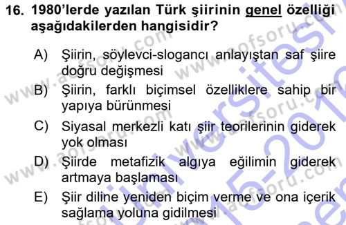 Cumhuriyet Dönemi Türk Şiiri Dersi 2015 - 2016 Yılı (Final) Dönem Sonu Sınav Soruları 16. Soru