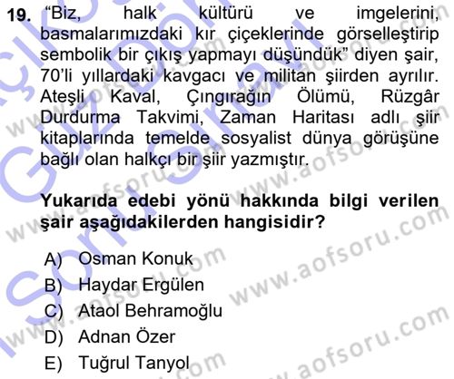 Cumhuriyet Dönemi Türk Şiiri Dersi 2015 - 2016 Yılı (Final) Dönem Sonu Sınav Soruları 19. Soru
