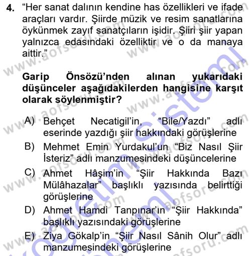 Cumhuriyet Dönemi Türk Şiiri Dersi 2015 - 2016 Yılı (Final) Dönem Sonu Sınav Soruları 4. Soru