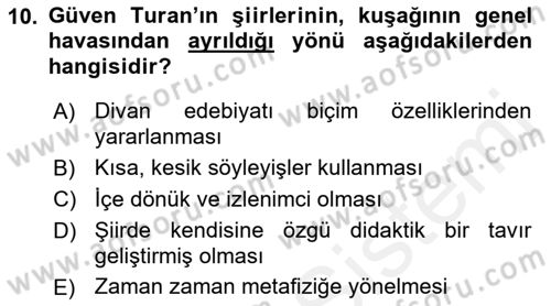 Cumhuriyet Dönemi Türk Şiiri Dersi 2015 - 2016 Yılı Tek Ders Sınav Soruları 10. Soru