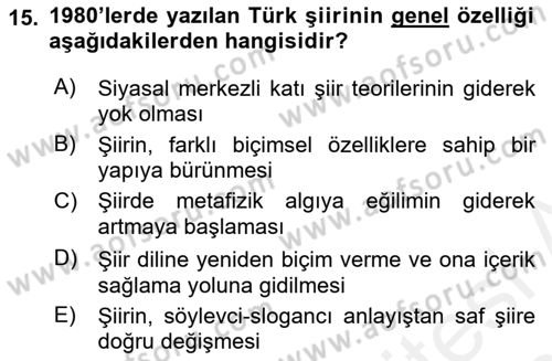 Cumhuriyet Dönemi Türk Şiiri Dersi 2015 - 2016 Yılı Tek Ders Sınav Soruları 15. Soru