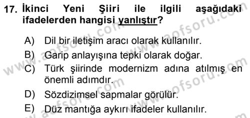Cumhuriyet Dönemi Türk Şiiri Dersi 2015 - 2016 Yılı Tek Ders Sınav Soruları 17. Soru