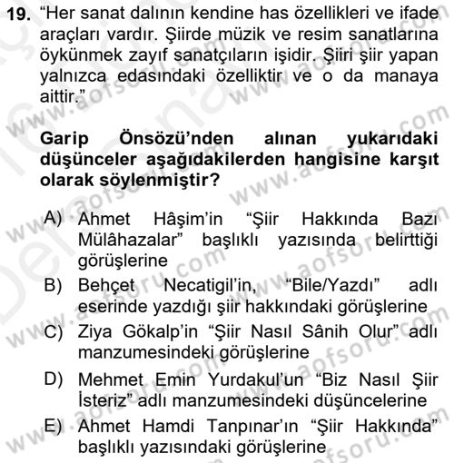 Cumhuriyet Dönemi Türk Şiiri Dersi 2015 - 2016 Yılı Tek Ders Sınav Soruları 19. Soru