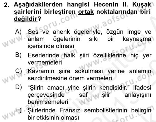 Cumhuriyet Dönemi Türk Şiiri Dersi 2015 - 2016 Yılı Tek Ders Sınav Soruları 2. Soru