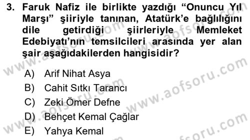 Cumhuriyet Dönemi Türk Şiiri Dersi 2015 - 2016 Yılı Tek Ders Sınav Soruları 3. Soru