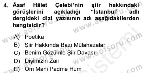 Cumhuriyet Dönemi Türk Şiiri Dersi 2015 - 2016 Yılı Tek Ders Sınav Soruları 4. Soru