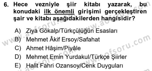 Cumhuriyet Dönemi Türk Şiiri Dersi 2015 - 2016 Yılı Tek Ders Sınav Soruları 6. Soru