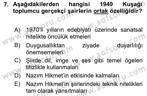 Cumhuriyet Dönemi Türk Şiiri Dersi 2015 - 2016 Yılı Tek Ders Sınav Soruları 7. Soru