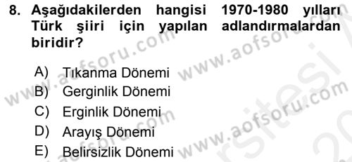Cumhuriyet Dönemi Türk Şiiri Dersi 2015 - 2016 Yılı Tek Ders Sınav Soruları 8. Soru