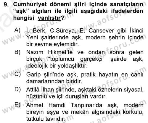 Cumhuriyet Dönemi Türk Şiiri Dersi 2015 - 2016 Yılı Tek Ders Sınav Soruları 9. Soru