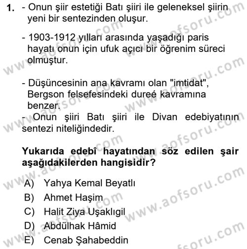 Cumhuriyet Dönemi Türk Şiiri Dersi 2016 - 2017 Yılı 3 Ders Sınav Soruları 1. Soru