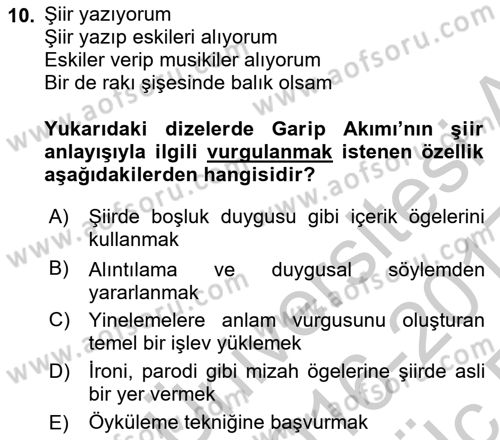 Cumhuriyet Dönemi Türk Şiiri Dersi 2016 - 2017 Yılı 3 Ders Sınav Soruları 10. Soru