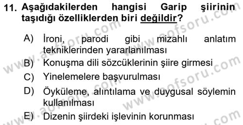 Cumhuriyet Dönemi Türk Şiiri Dersi 2016 - 2017 Yılı 3 Ders Sınav Soruları 11. Soru