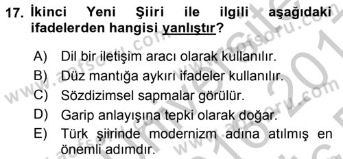 Cumhuriyet Dönemi Türk Şiiri Dersi 2016 - 2017 Yılı 3 Ders Sınav Soruları 17. Soru