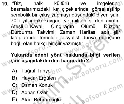 Cumhuriyet Dönemi Türk Şiiri Dersi 2016 - 2017 Yılı 3 Ders Sınav Soruları 19. Soru