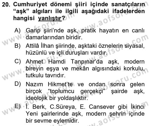 Cumhuriyet Dönemi Türk Şiiri Dersi 2016 - 2017 Yılı 3 Ders Sınav Soruları 20. Soru